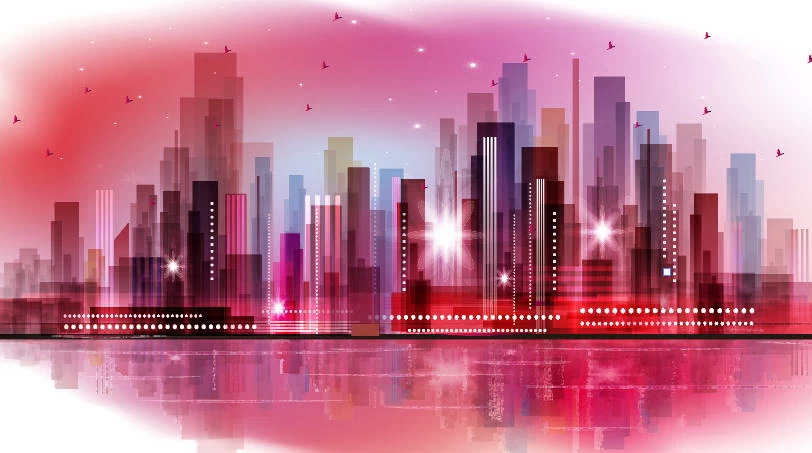未来科技科幻霓虹灯渐变绚丽城市建筑夜景灯光插画AI/PSD设计素材100套【018】